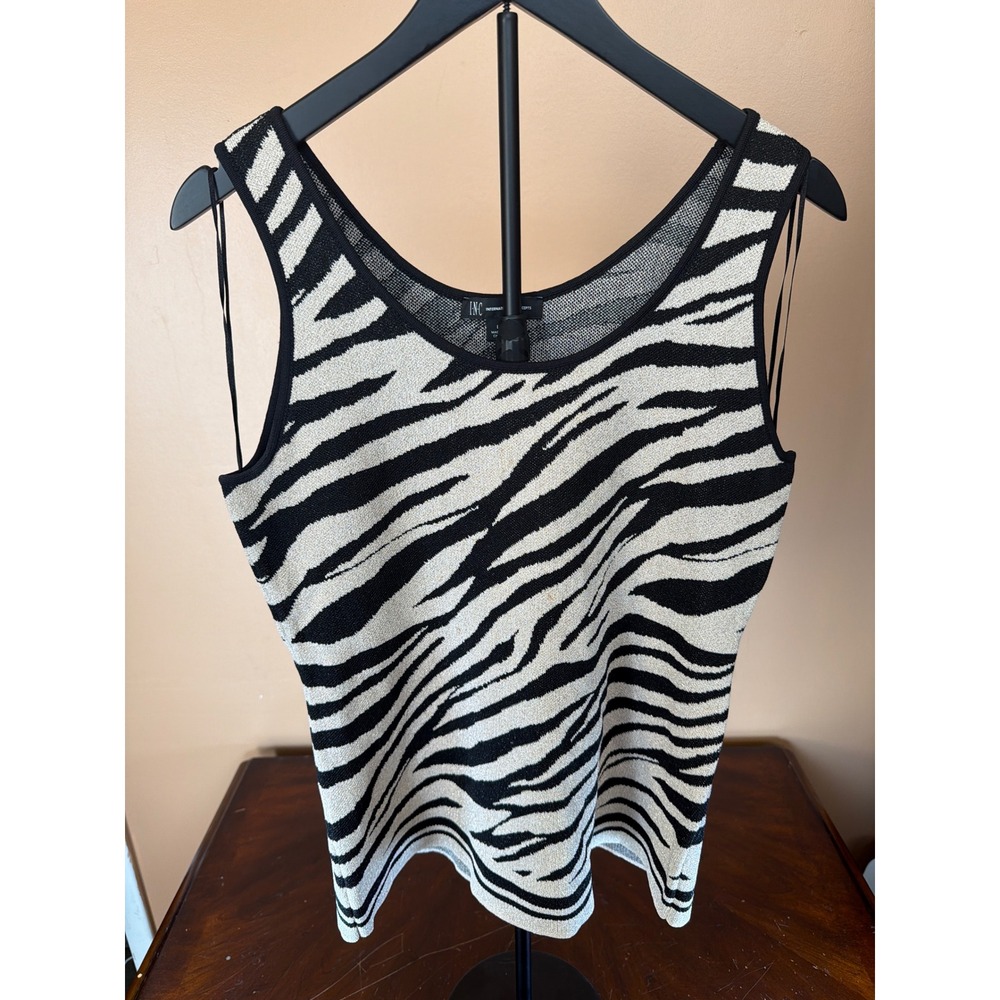 INC International Concepts Zebra Print‎ Metallic Knit Tank Top Black White Large